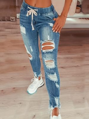 Women's High Waist Ripped Denim Pants with Raw Hem and Slash Pockets - Stylish and Comfortable Casual Jeans